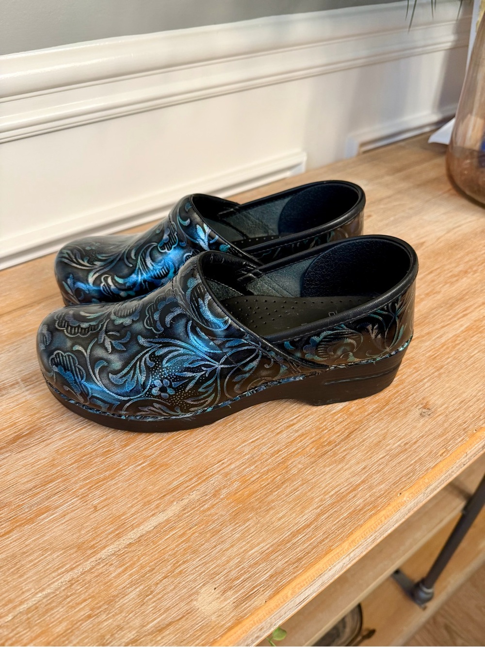 Women's Dansko Black and Blue Floral Slip-On Clogs